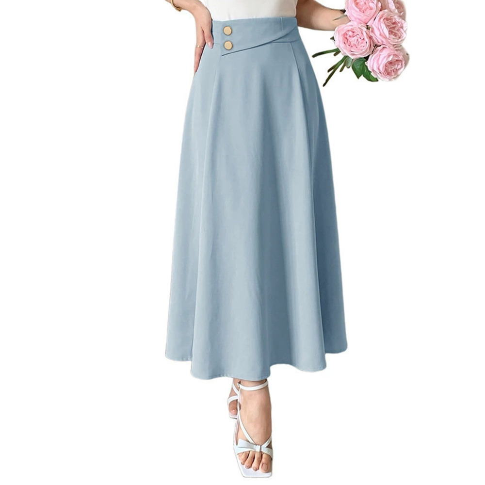 Russian Summer Solid Button Detail High Waist A Line Midi Skirt Women